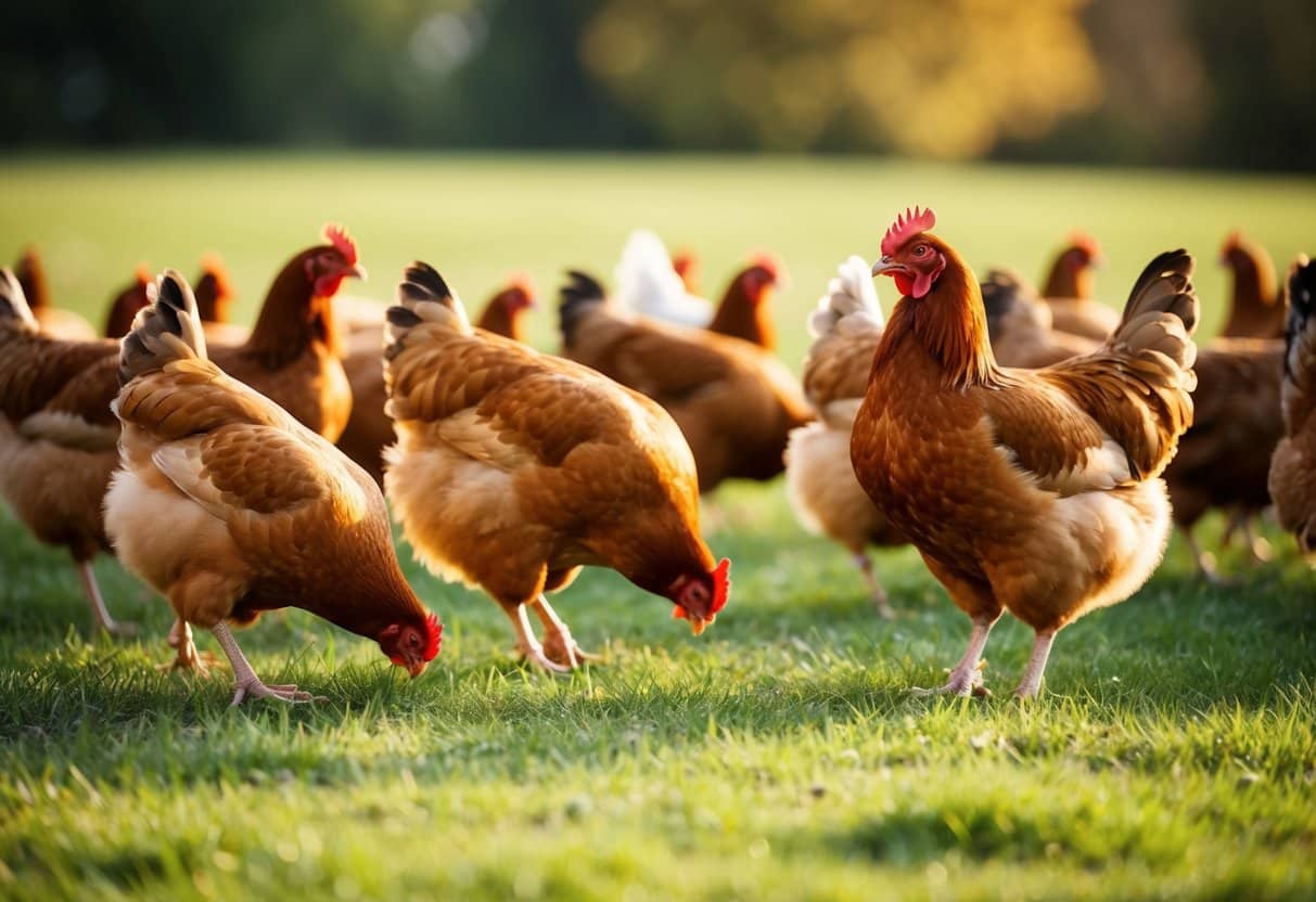 Um bando de galinhas bicando o chão em um campo gramado