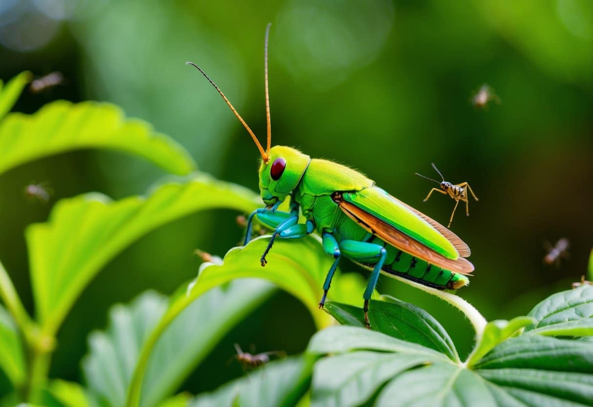 Um grilo verde vibrante empoleirado em uma planta folhosa, cercado por folhagens exuberantes e pequenos insetos.