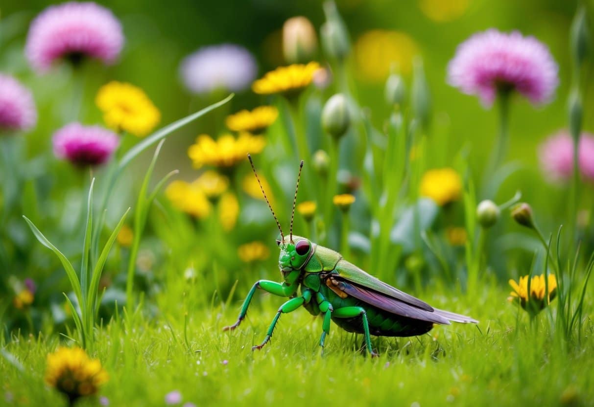 Um grilo verde sentado em um prado exuberante e vibrante, cercado por flores em flor e grama alta