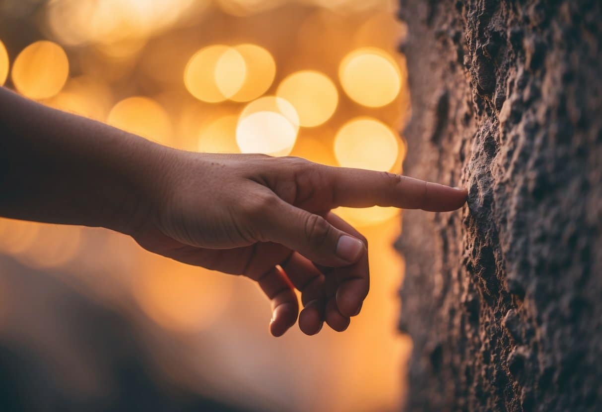 Uma mão se estendendo para tocar uma superfície áspera e texturizada, cercada por uma luz quente e brilhante, evocando um senso de curiosidade e significado espiritual.