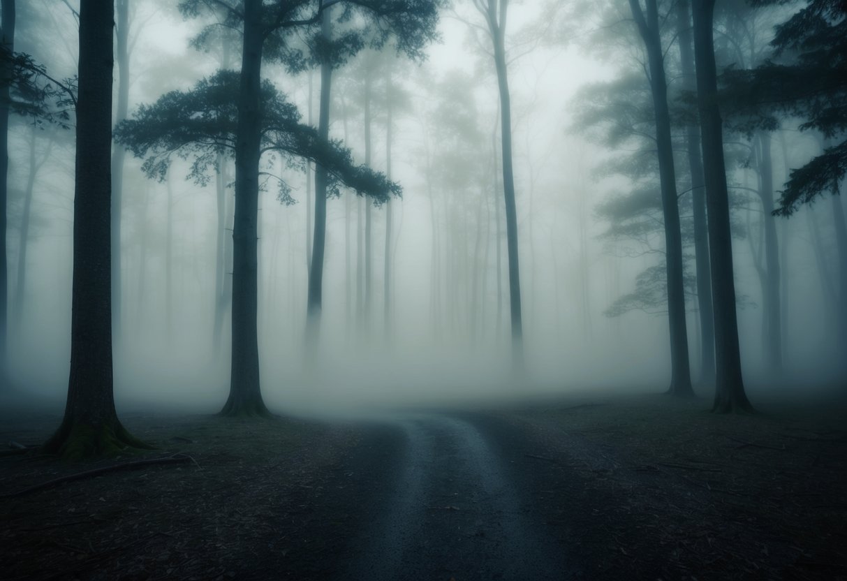 Uma névoa misteriosa envolve uma floresta serena, emanando um odor fétido inexplicável, enquanto uma sensação de espiritualidade paira no ar.